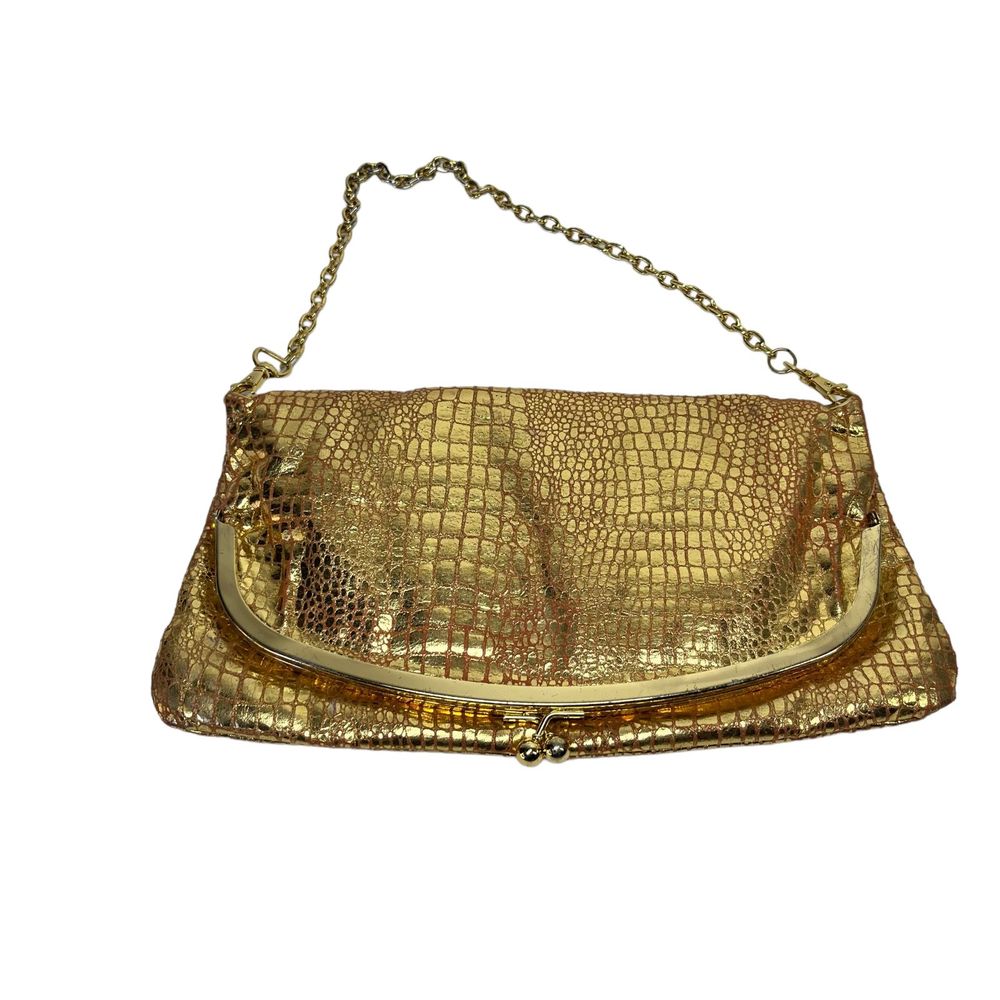 VTG Far Nine Womens Handbag Clutch Small Gold Chain Faux Snakeskin Snap Closure
